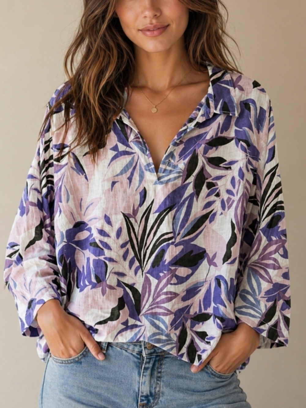 NWT C&C California 100% LINEN Purple on White Leaf Print Tunic Top Plus Size 2X